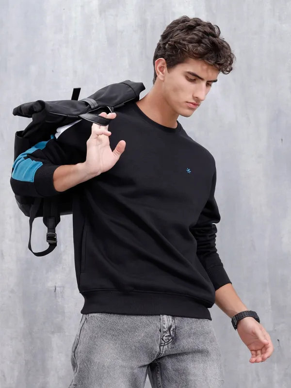 Solid Casual Slim Fit Sweatshirt | Black made by Wrogn