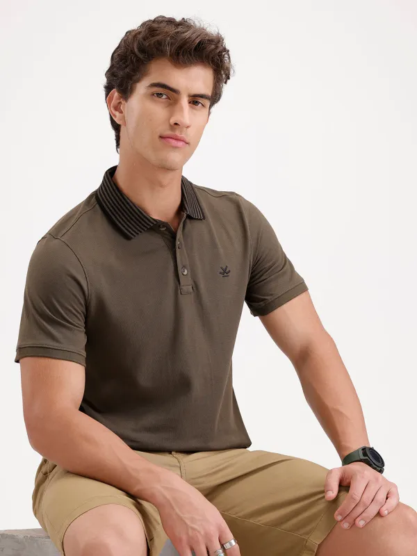 Classic Slim Fit Contrast Collar Polo T-Shirt  | Olive made by Wrogn