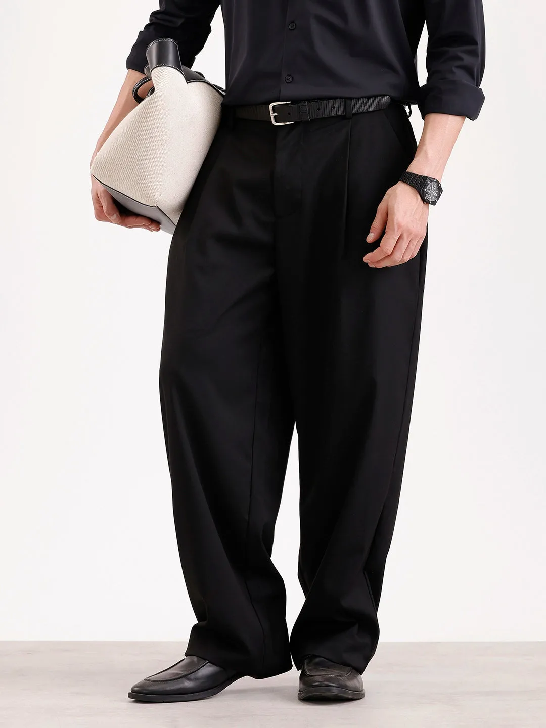 Baggy Fit Pleated Trouser | Black sold by Wrogn