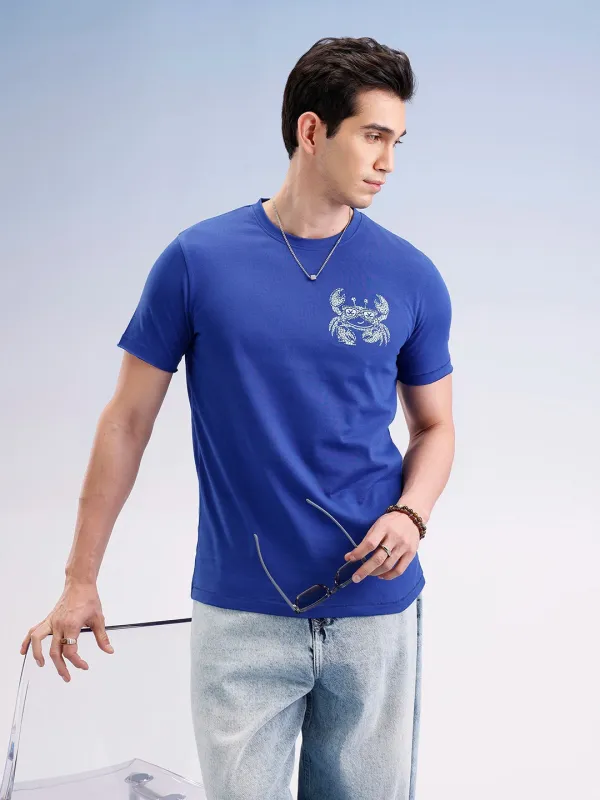 Slim Fit Placement Printed T-Shirt | Blue sold by Wrogn