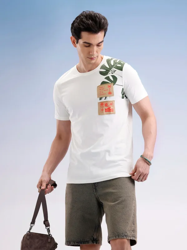 Slim Fit Placement Patch Printed T-Shirt  | Off White sold by Wrogn