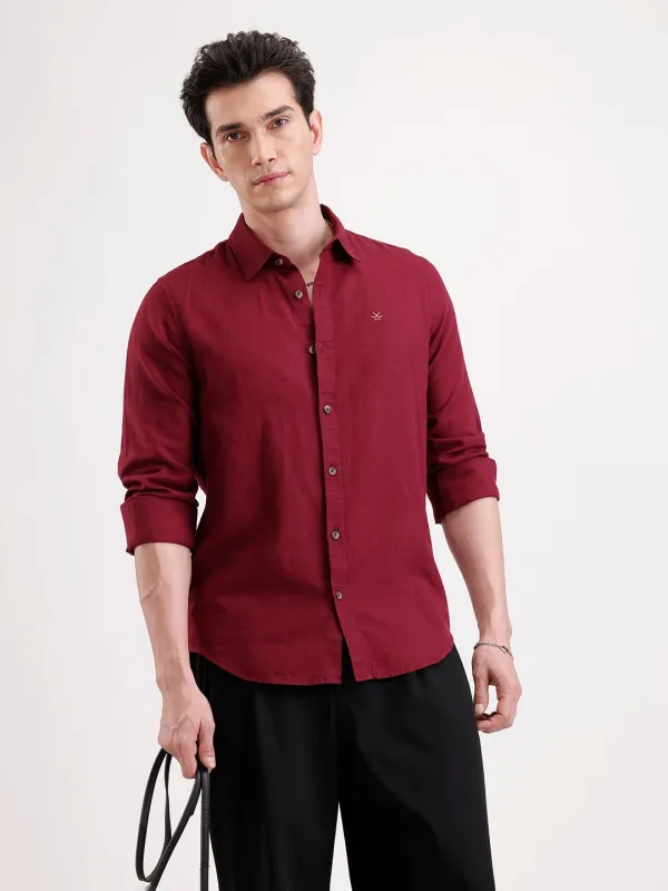 Solid Slim Fit Linen Blend Shirt | Wine made by Wrogn