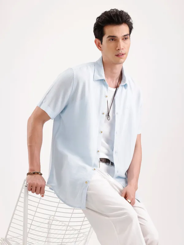 Slim Fit Half Sleeve Linen Blend Shirt  | Light Blue sold by Wrogn