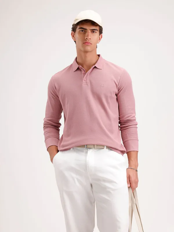 Slim Fit Long Sleeve Polo T-Shirt | Pink made by Wrogn