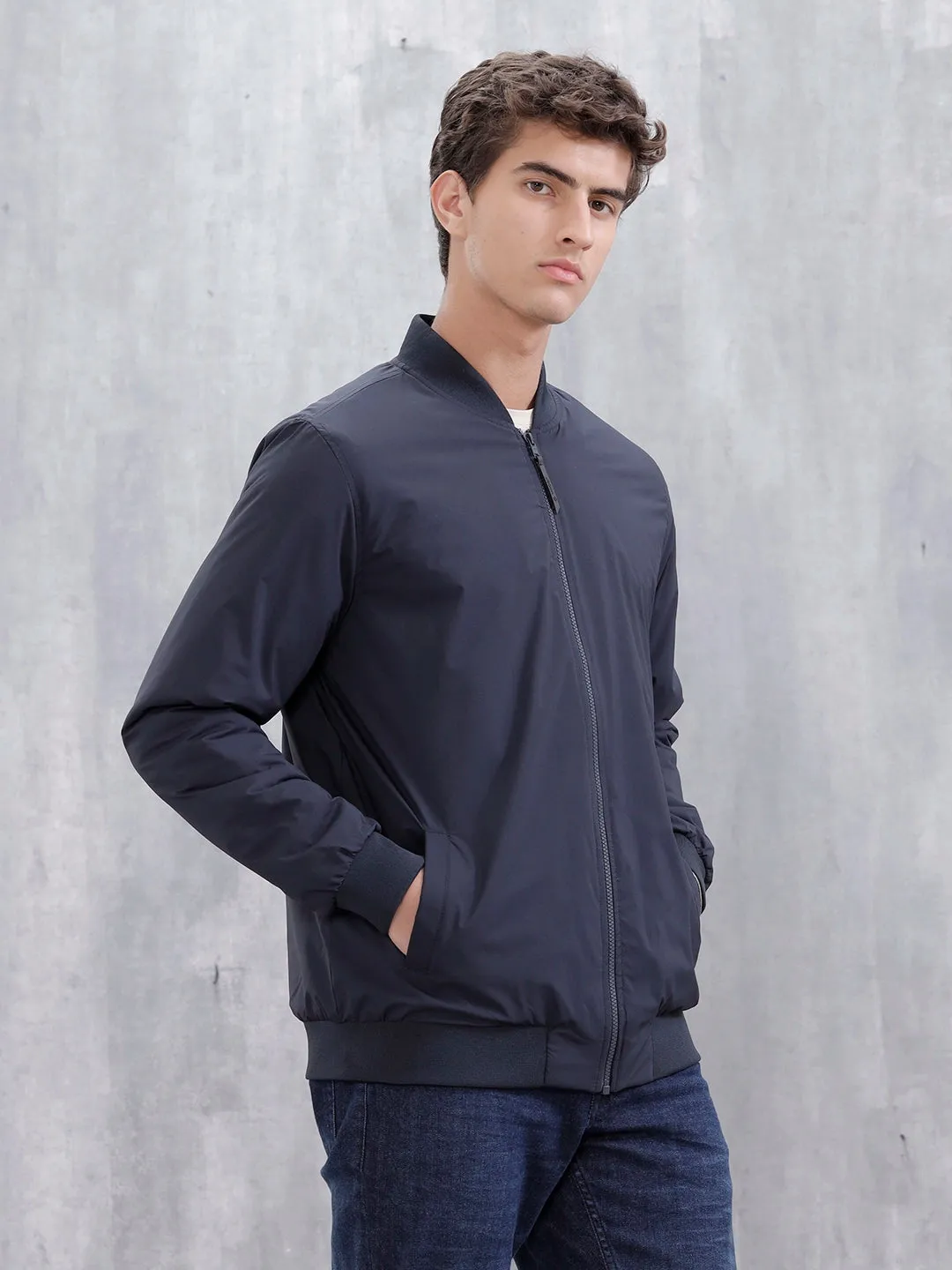 Men's Casual Solid Bomber Jacket | Navy Blue sold by Wrogn product image thumbnail 4