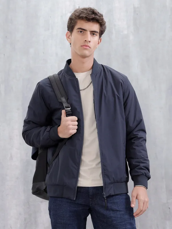 Men's Casual Solid Bomber Jacket  | Navy Blue sold by Wrogn