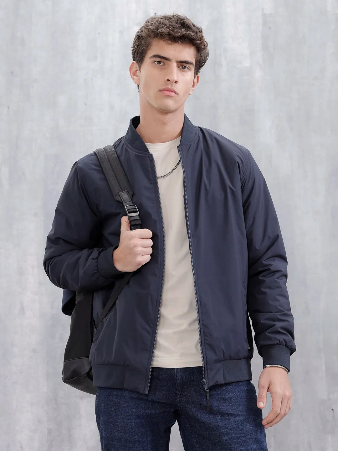 Men's Casual Solid Bomber Jacket | Navy Blue sold by Wrogn