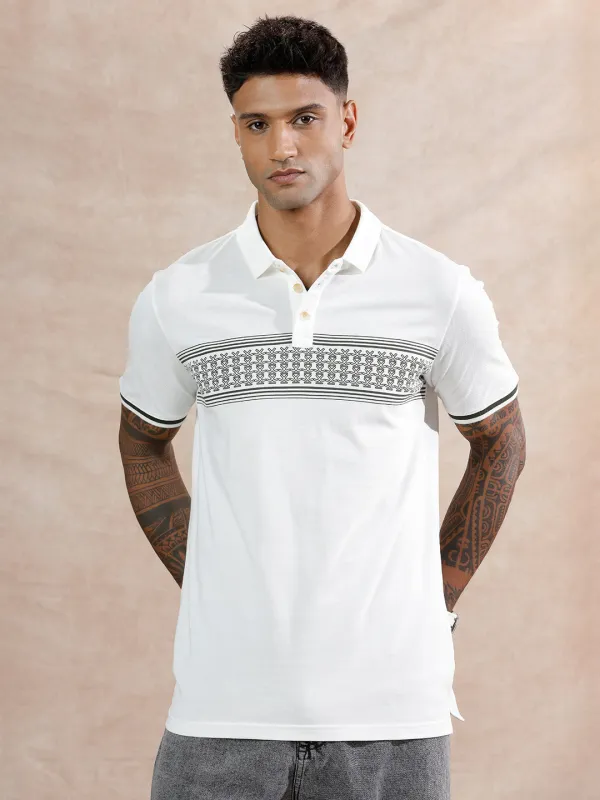 Striped Logo Printed Polo T-Shirt |White made by Wrogn