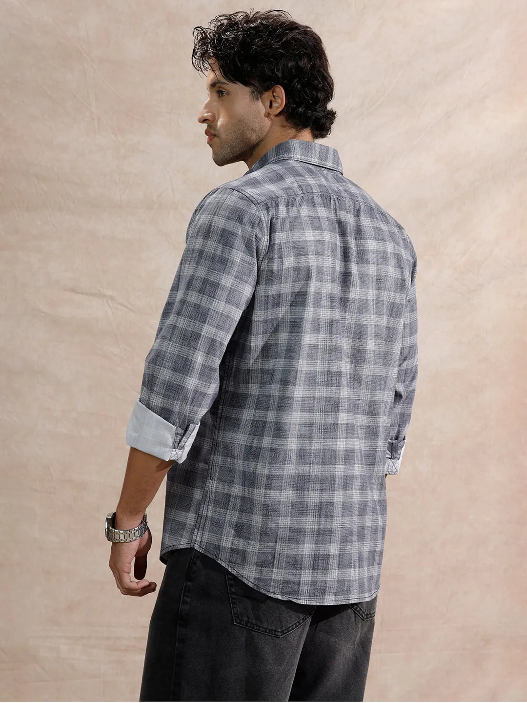 Textured Printed Checks Regular Fit Shirt | Navy Blue sold by Wrogn product image thumbnail 3