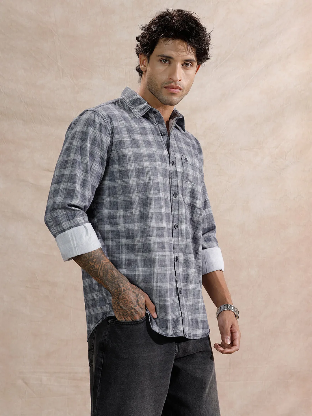 Textured Printed Checks Regular Fit Shirt | Navy Blue sold by Wrogn product image thumbnail 4