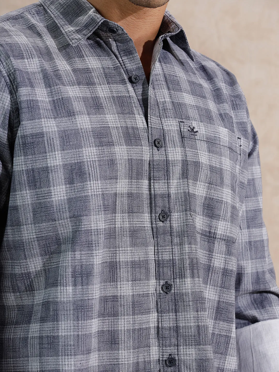 Textured Printed Checks Regular Fit Shirt | Navy Blue sold by Wrogn product image thumbnail 5