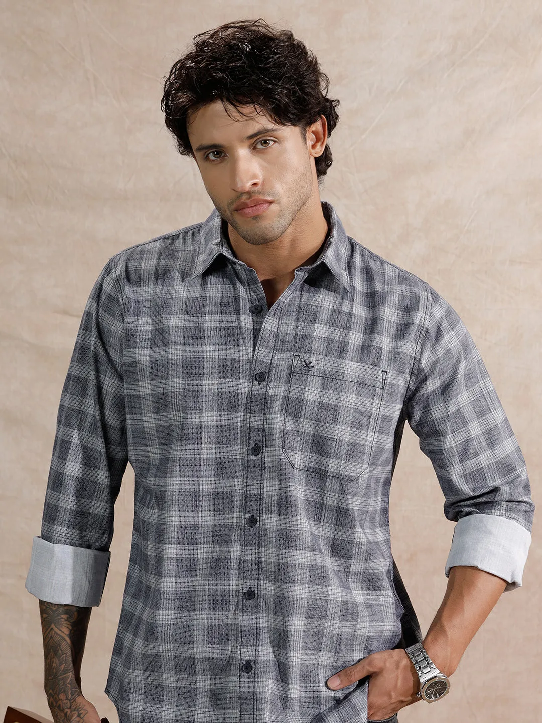 Textured Printed Checks Regular Fit Shirt | Navy Blue sold by Wrogn