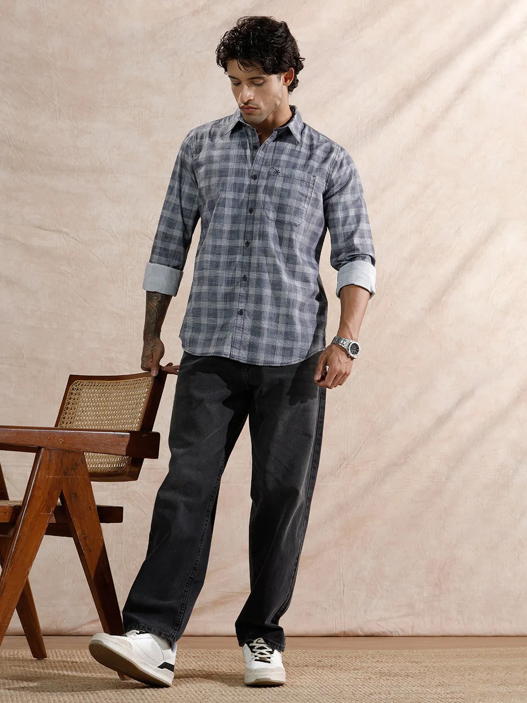 Textured Printed Checks Regular Fit Shirt | Navy Blue sold by Wrogn product image thumbnail 2