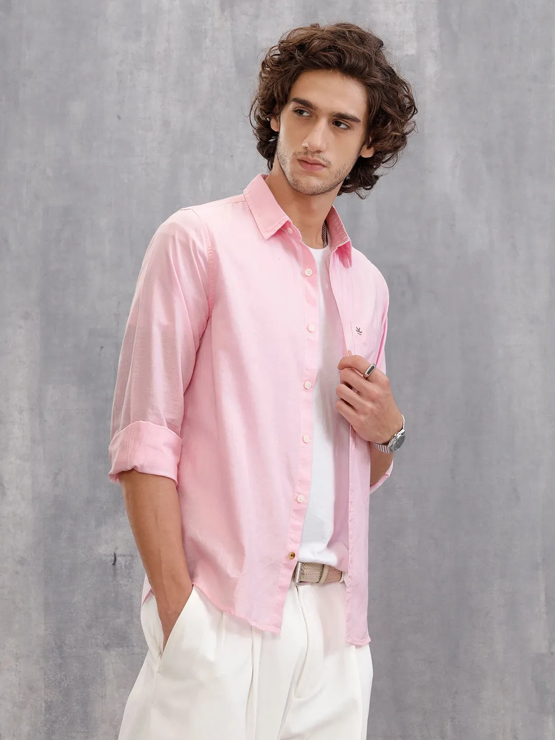 100% Cotton Slub Causal Look Slim Fit Solid Shirt | Pink sold by Wrogn product image thumbnail 4