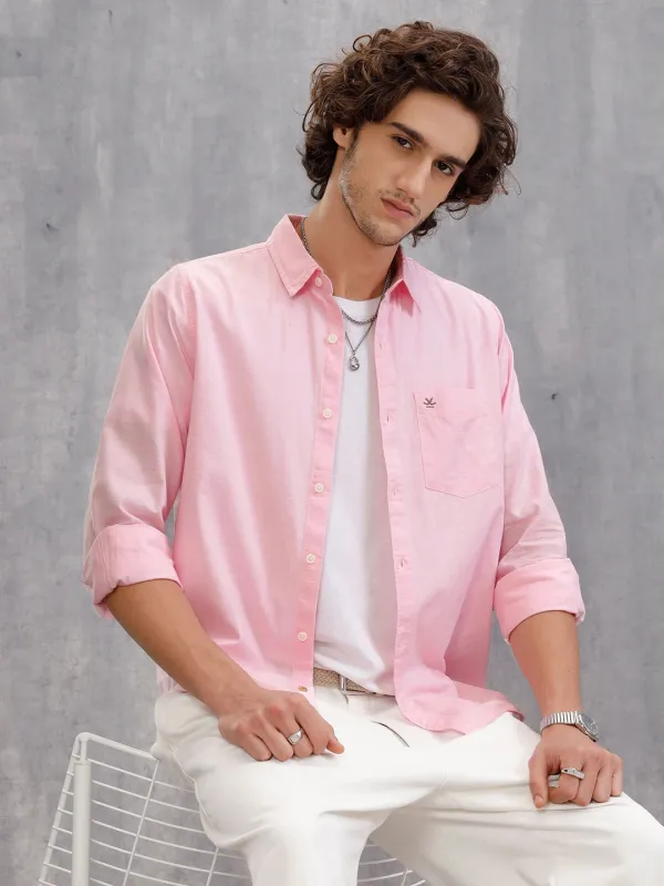 100% Cotton Slub Causal Look Slim Fit Solid Shirt | Pink sold by Wrogn