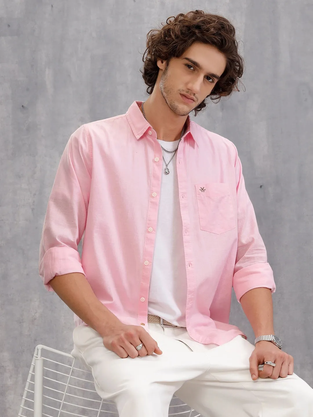 100% Cotton Slub Causal Look Slim Fit Solid Shirt | Pink sold by Wrogn