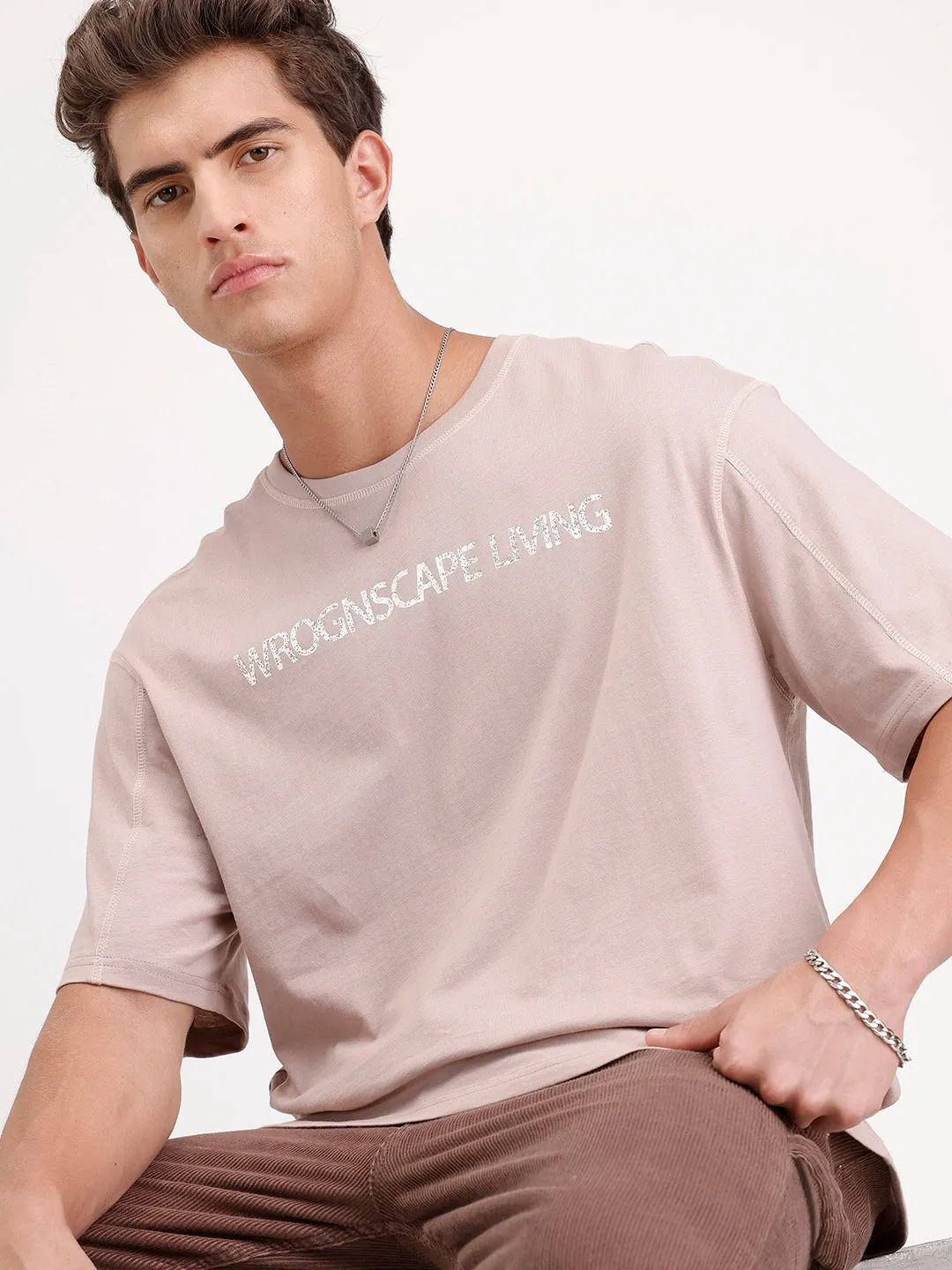 Oversized Placement Printed T-Shirt | Brown sold by Wrogn