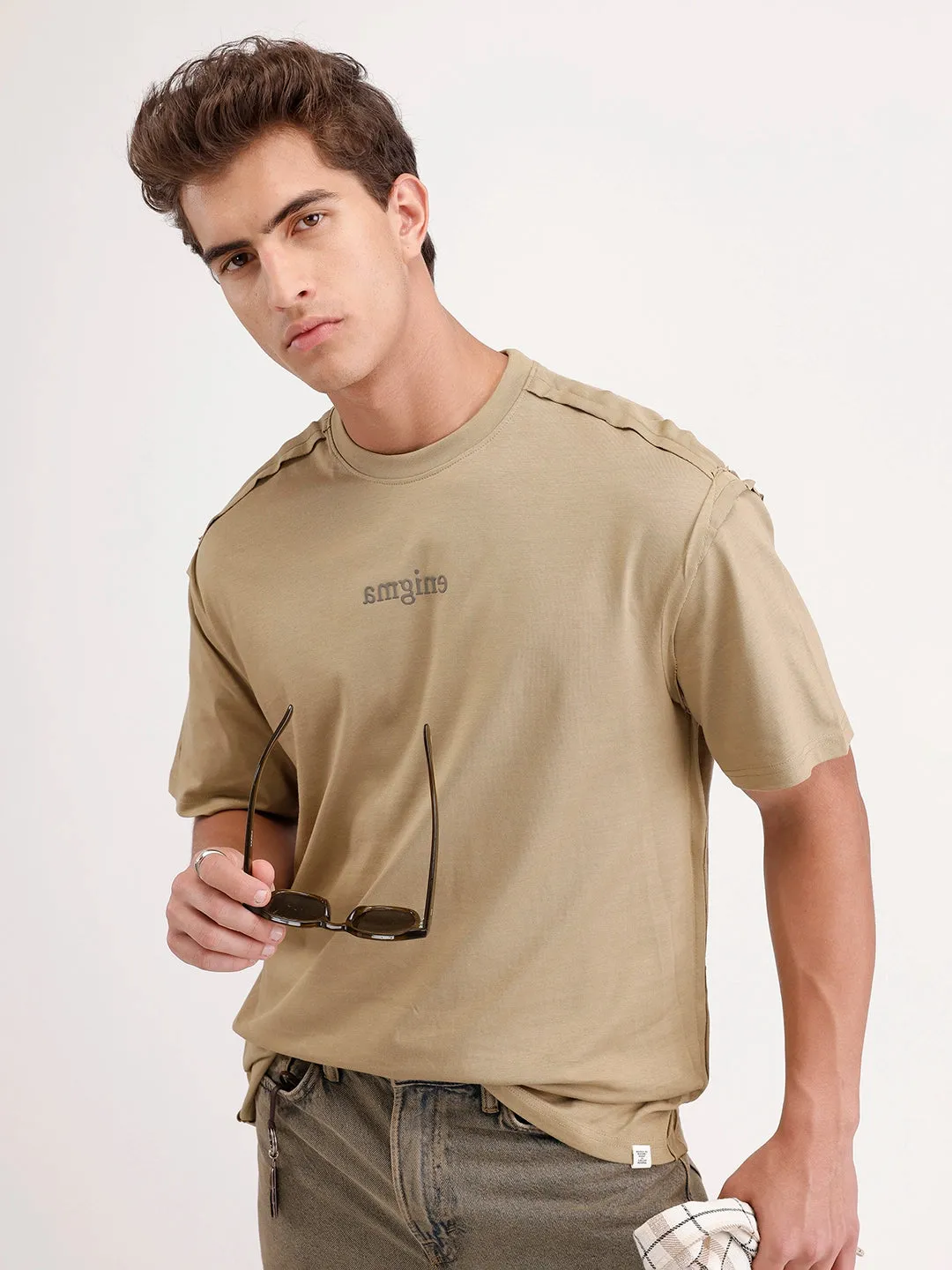 Oversized Placement Printed T-Shirt | Khaki sold by Wrogn