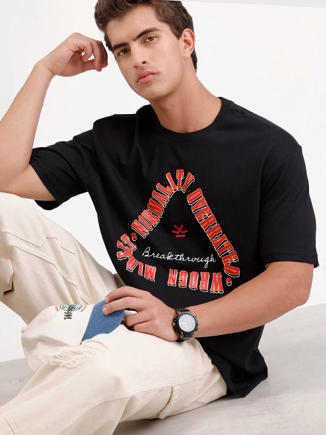 Oversized Placement Printed T-Shirt | Black sold by Wrogn