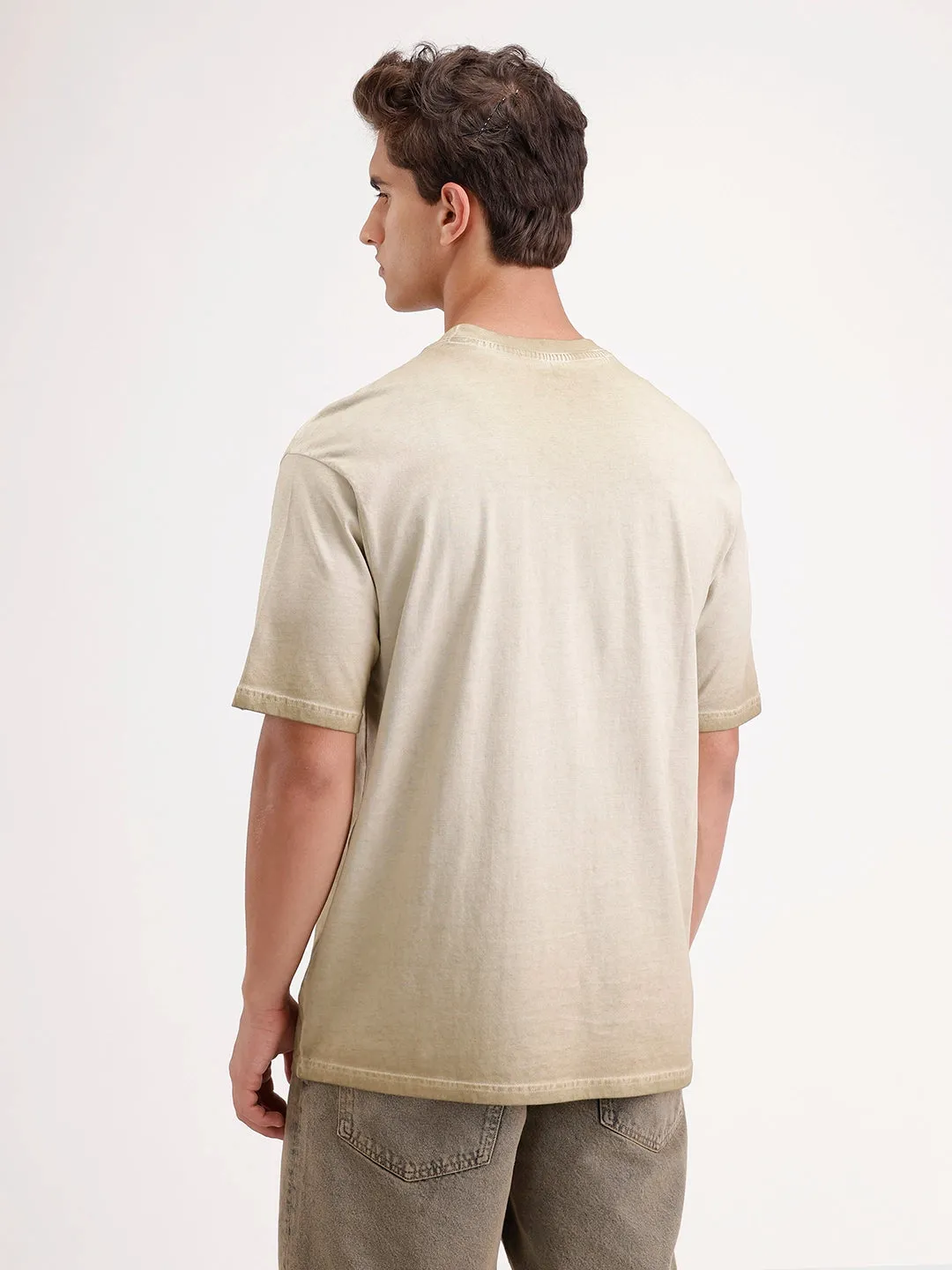 Oversized Washed Placement Printed T-Shirt | Khaki sold by Wrogn product image thumbnail 3