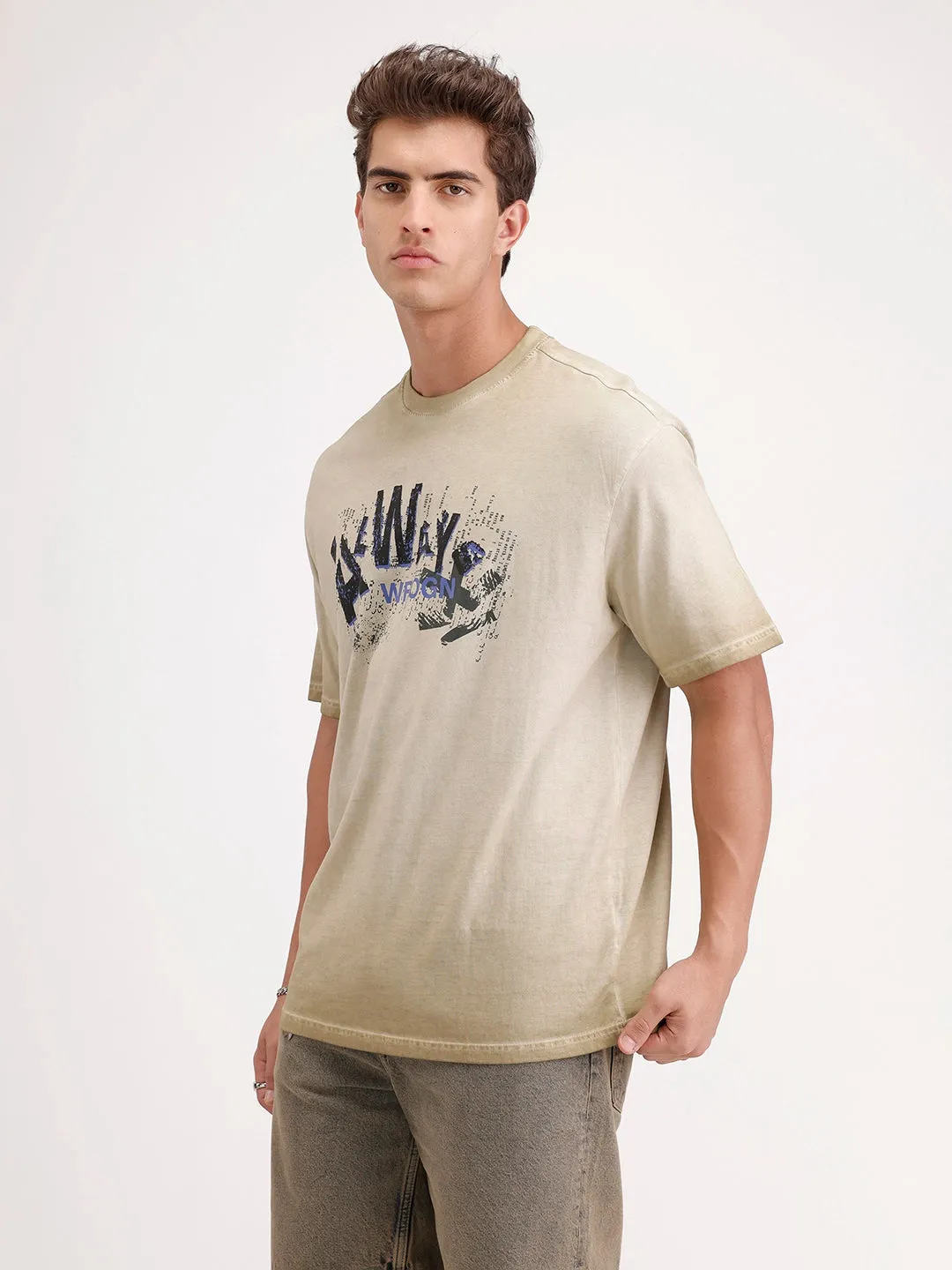 Oversized Washed Placement Printed T-Shirt | Khaki sold by Wrogn product image thumbnail 4