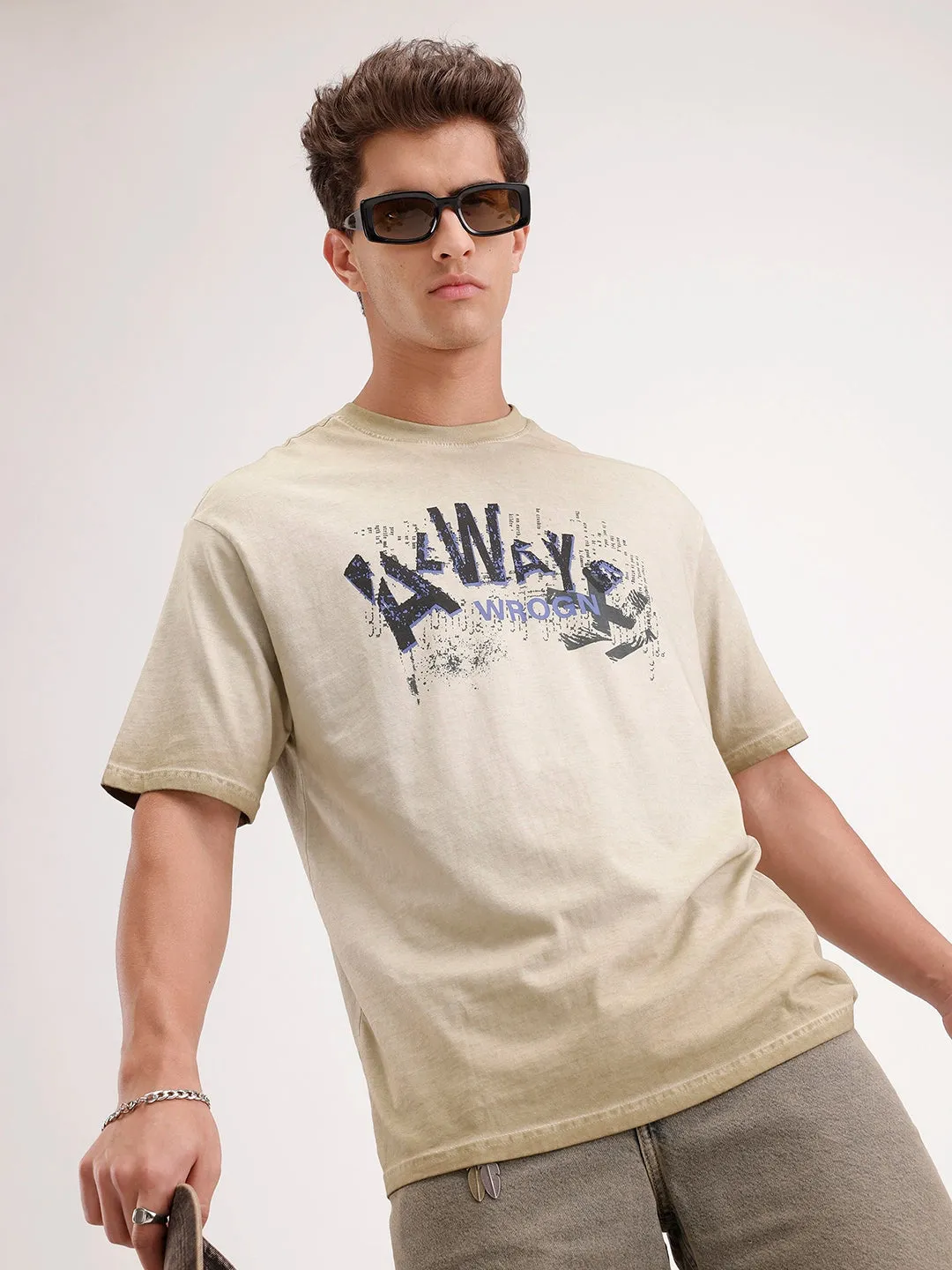 Oversized Washed Placement Printed T-Shirt | Khaki sold by Wrogn
