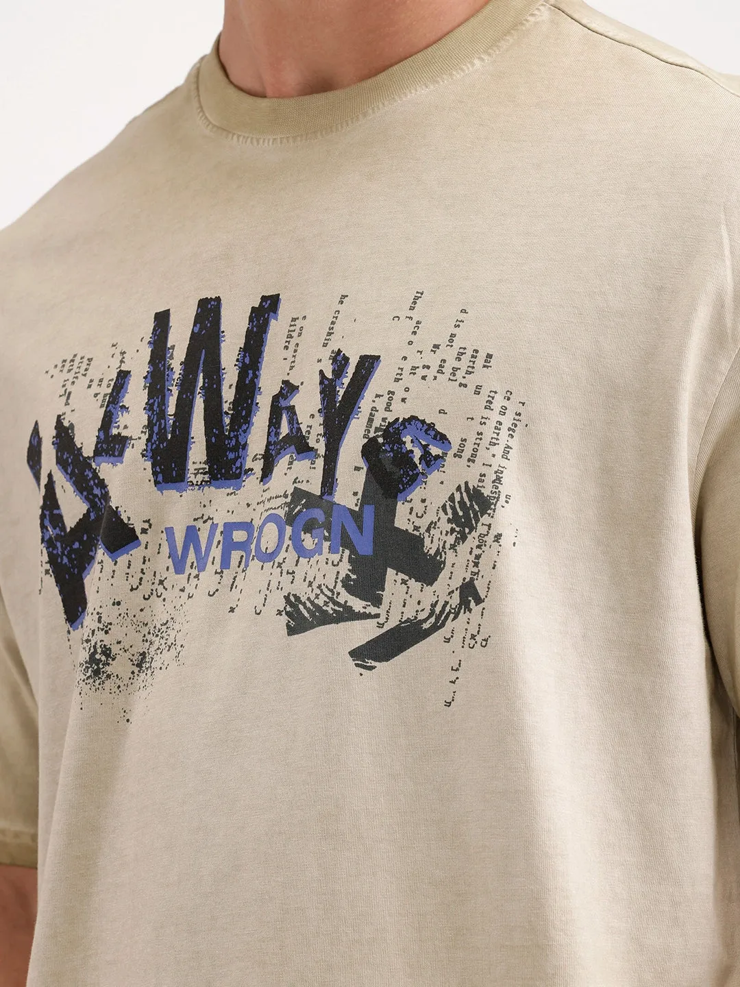 Oversized Washed Placement Printed T-Shirt | Khaki sold by Wrogn product image thumbnail 5