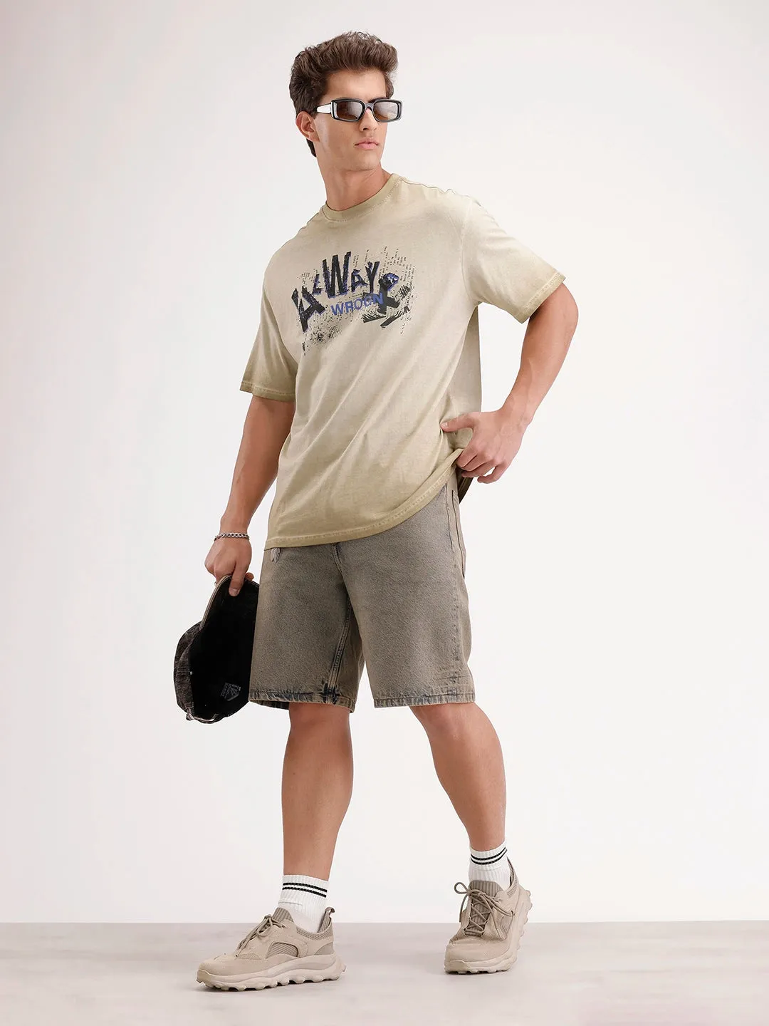 Oversized Washed Placement Printed T-Shirt | Khaki sold by Wrogn product image thumbnail 2