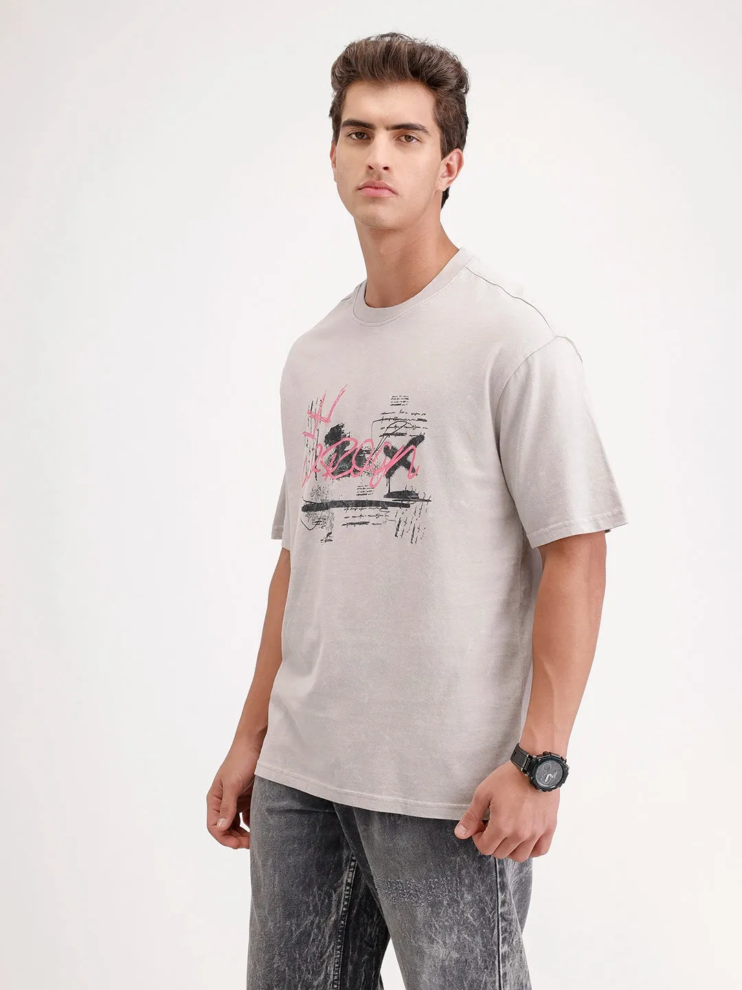 Oversized Placement Printed T-Shirt | Grey sold by Wrogn product image thumbnail 4