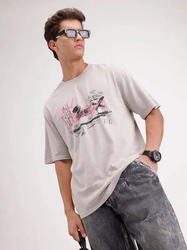 Oversized Placement Printed T-Shirt | Grey sold by Wrogn