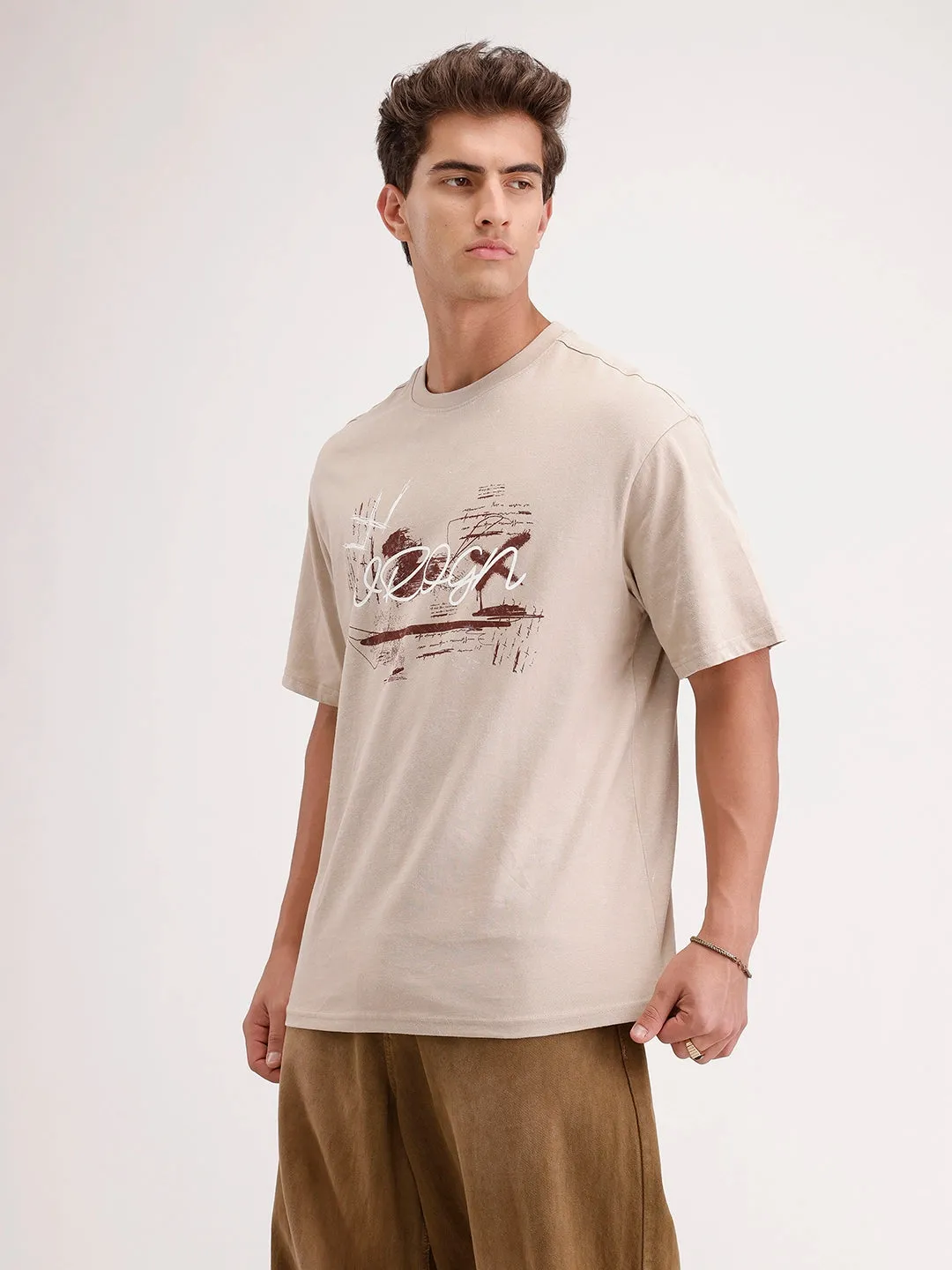 Oversized Placement Printed T-Shirt | Beige sold by Wrogn product image thumbnail 4