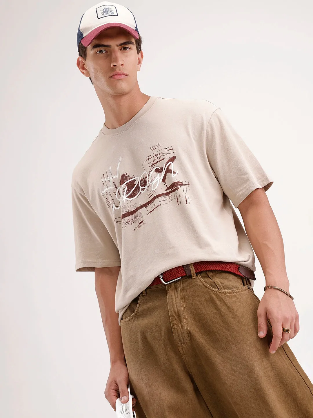 Oversized Placement Printed T-Shirt | Beige sold by Wrogn
