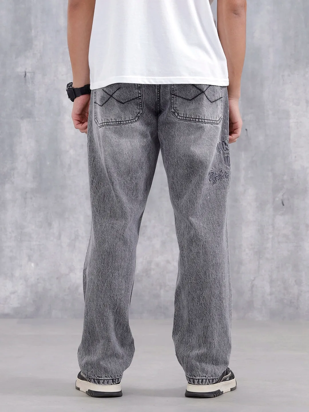 Men Casual Anti Fit Jeans With Embroidery | Grey sold by Wrogn product image thumbnail 3