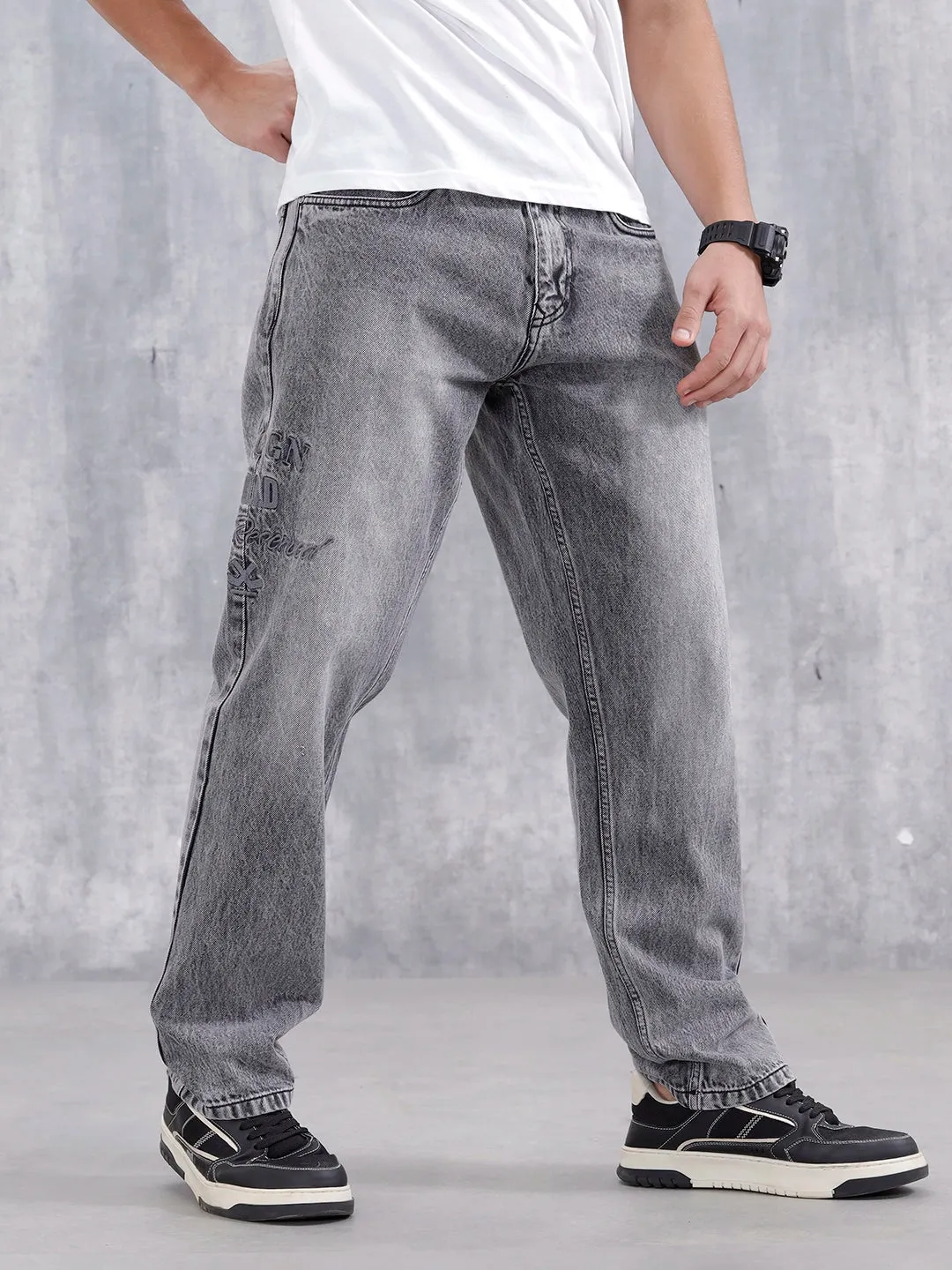 Men Casual Anti Fit Jeans With Embroidery | Grey sold by Wrogn product image thumbnail 4