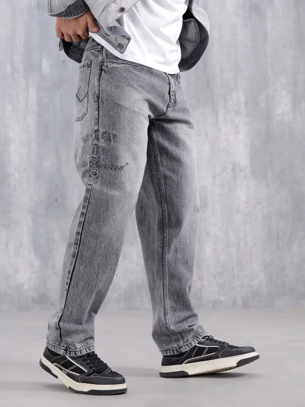 Men Casual Anti Fit Jeans With Embroidery  | Grey sold by Wrogn
