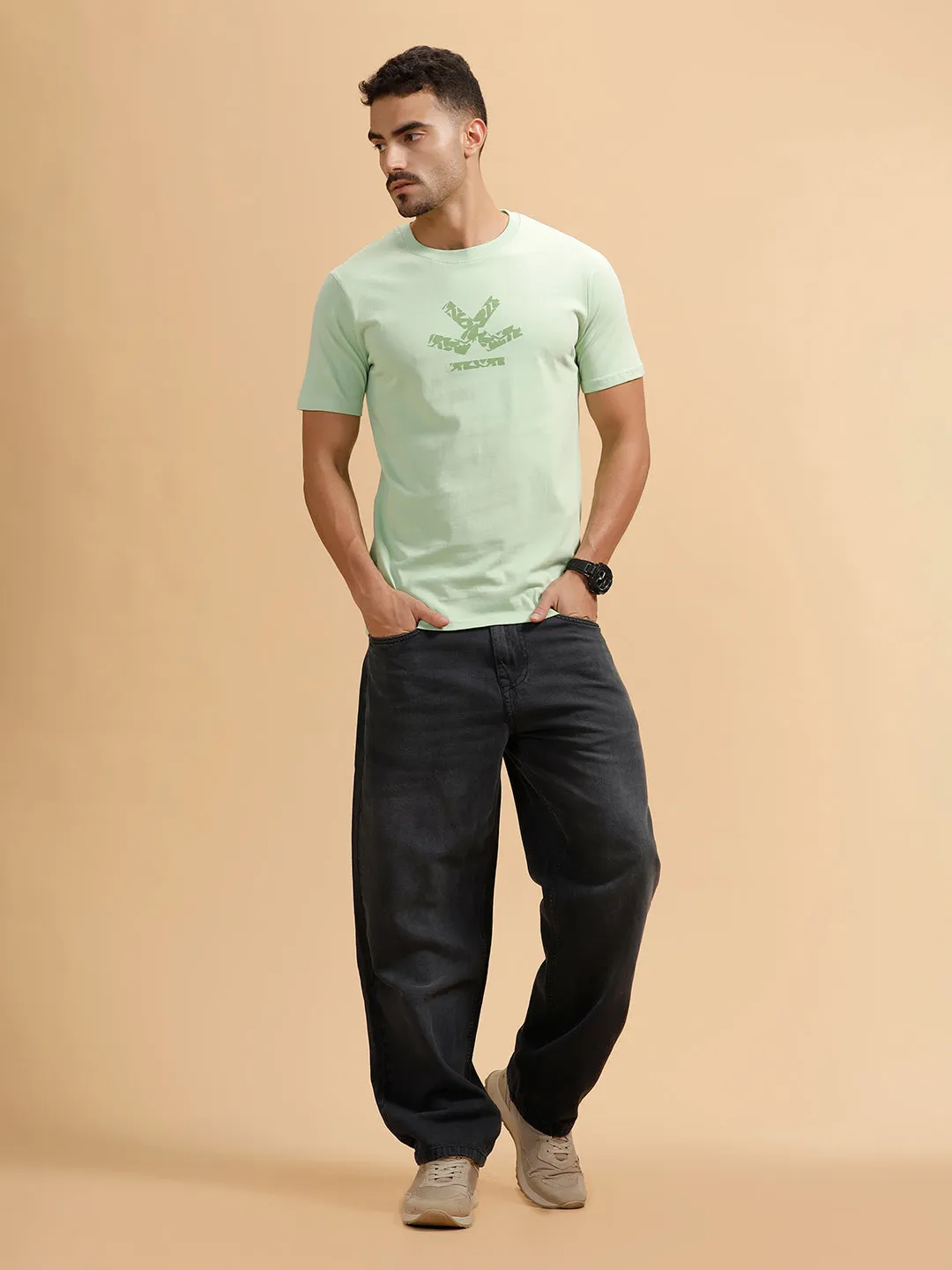 Tonal Logo Printed Slim Fit T-Shirt | Light Green sold by Wrogn product image thumbnail 2