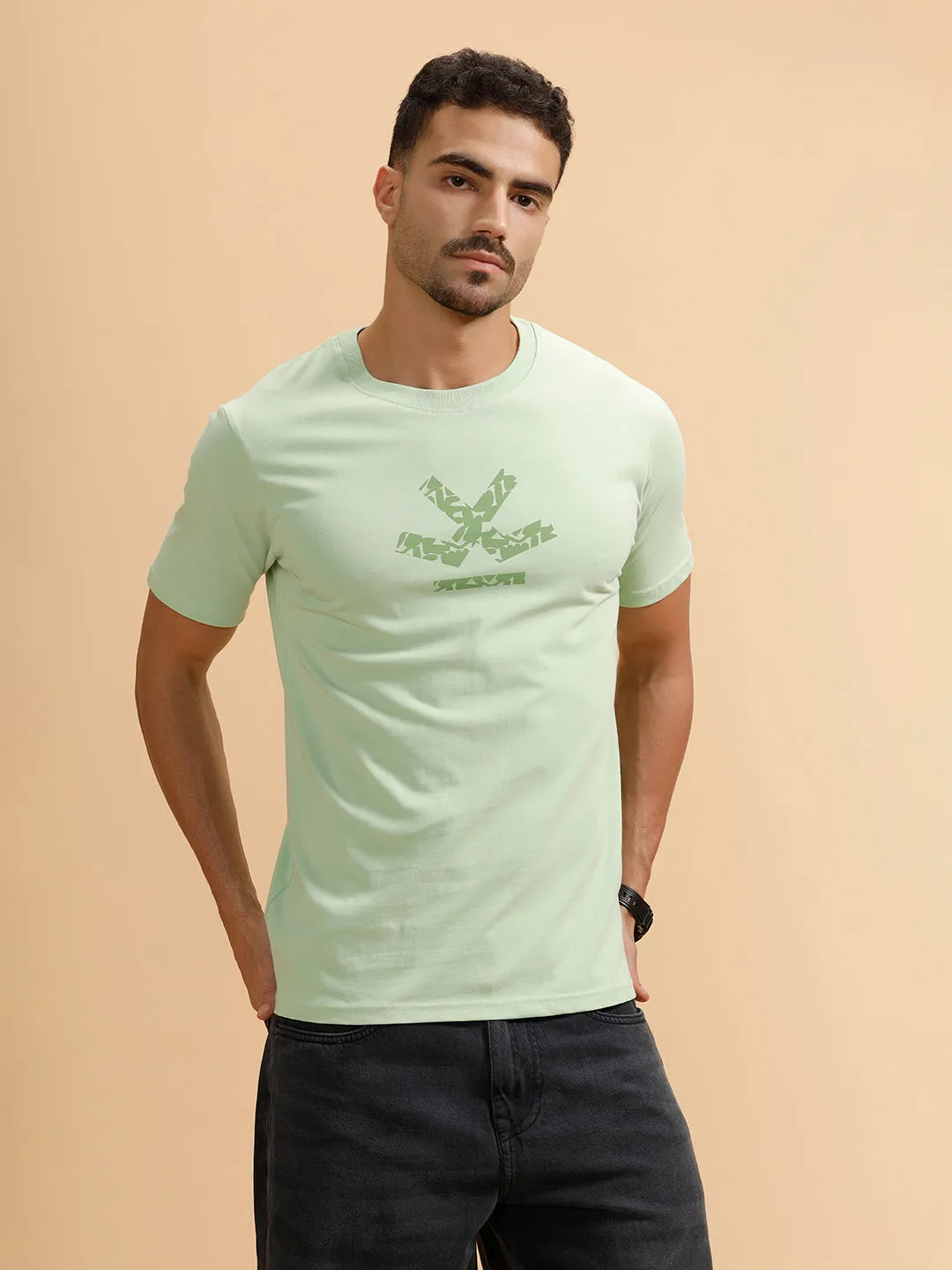Tonal Logo Printed Slim Fit T-Shirt | Light Green sold by Wrogn