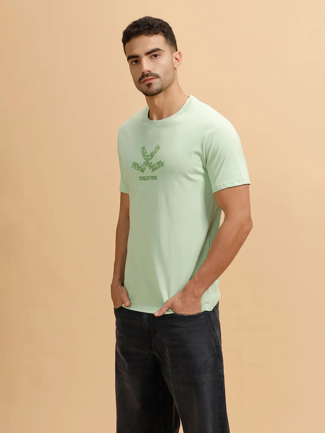 Tonal Logo Printed Slim Fit T-Shirt | Light Green sold by Wrogn product image thumbnail 4