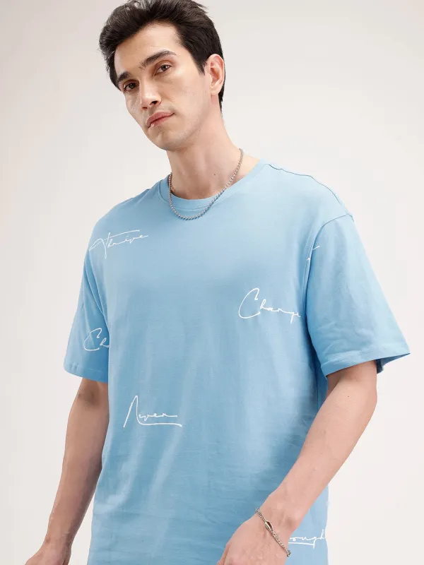 Oversized Placement Printed T-Shirt | Blue sold by Wrogn
