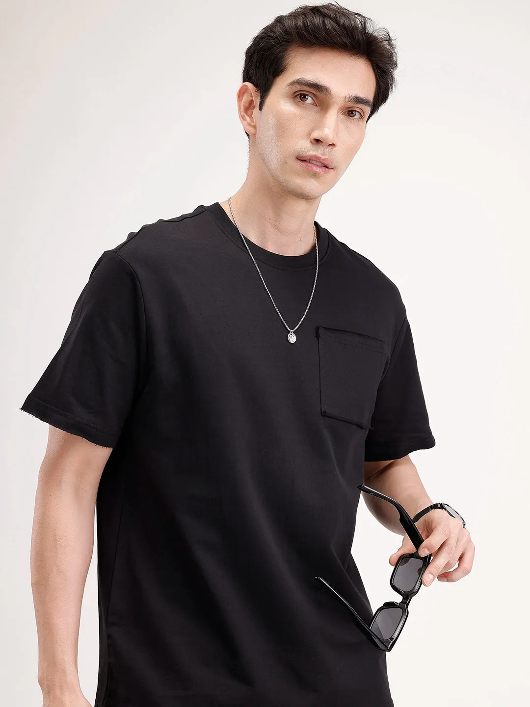 Oversized Solid Patch Pocket T-Shirt | Black sold by Wrogn