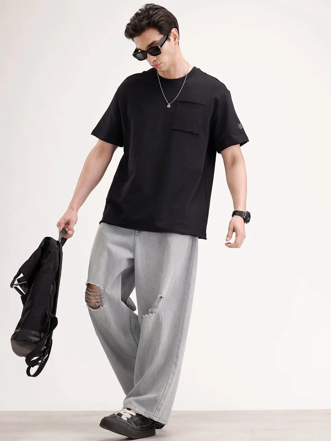 Oversized Solid Patch Pocket T-Shirt | Black sold by Wrogn product image thumbnail 2