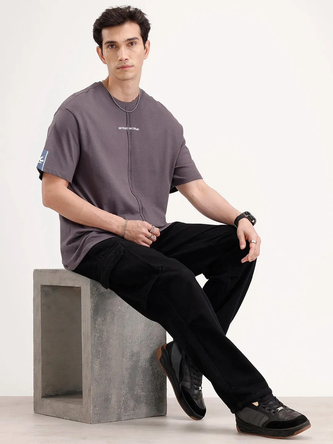 Oversized Textured Cut & Sew T-Shirt | Dark Grey sold by Wrogn product image thumbnail 2
