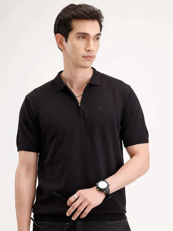 Slim Fit Flat Knit Polo T-Shirt | Black made by Wrogn