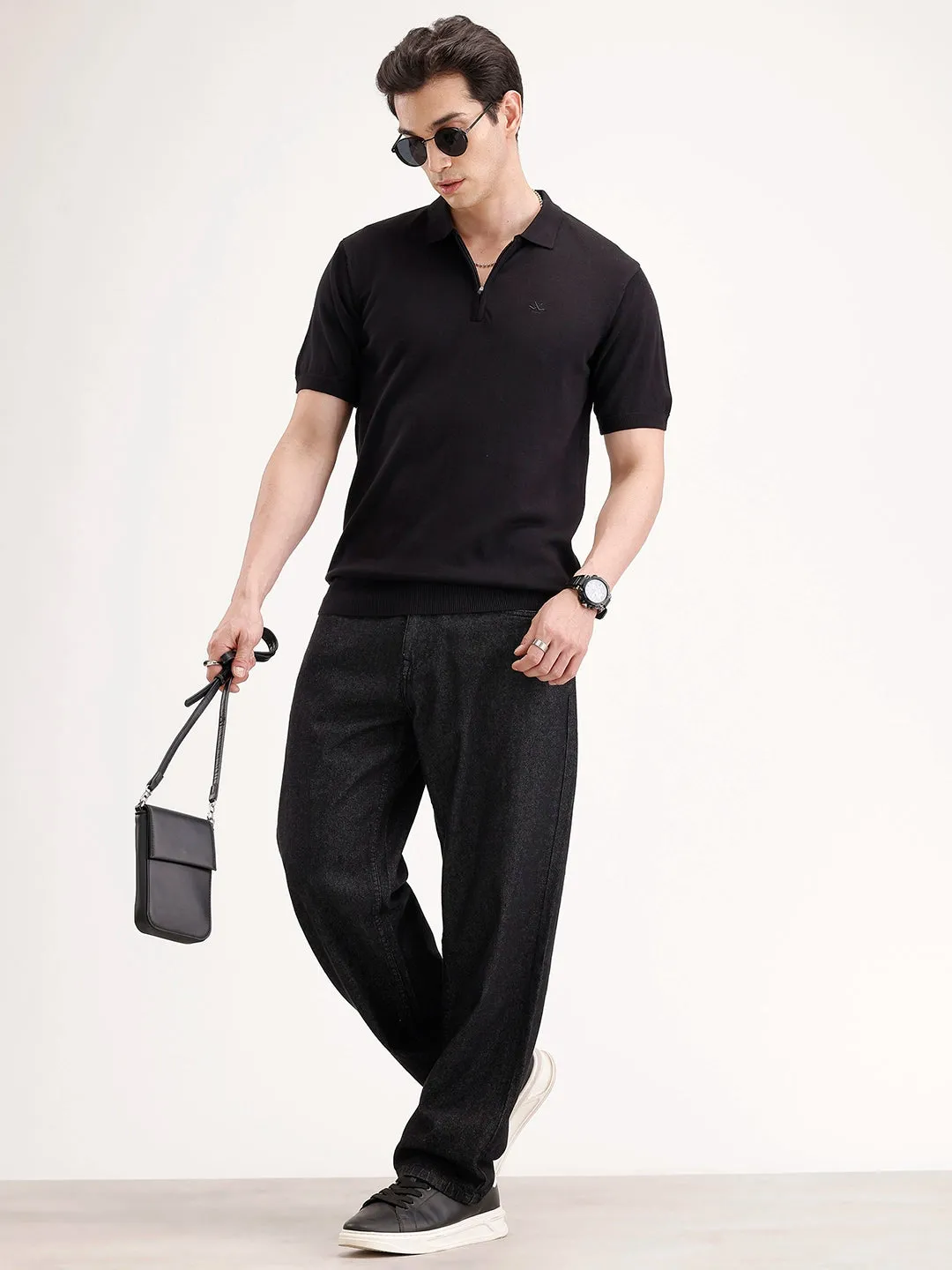 Slim Fit Flat Knit Polo T-Shirt | Black sold by Wrogn product image thumbnail 2