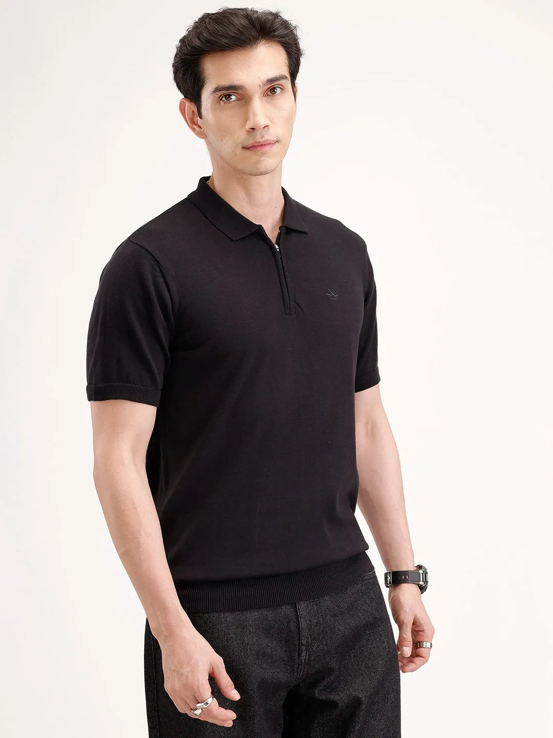 Slim Fit Flat Knit Polo T-Shirt | Black sold by Wrogn product image thumbnail 3