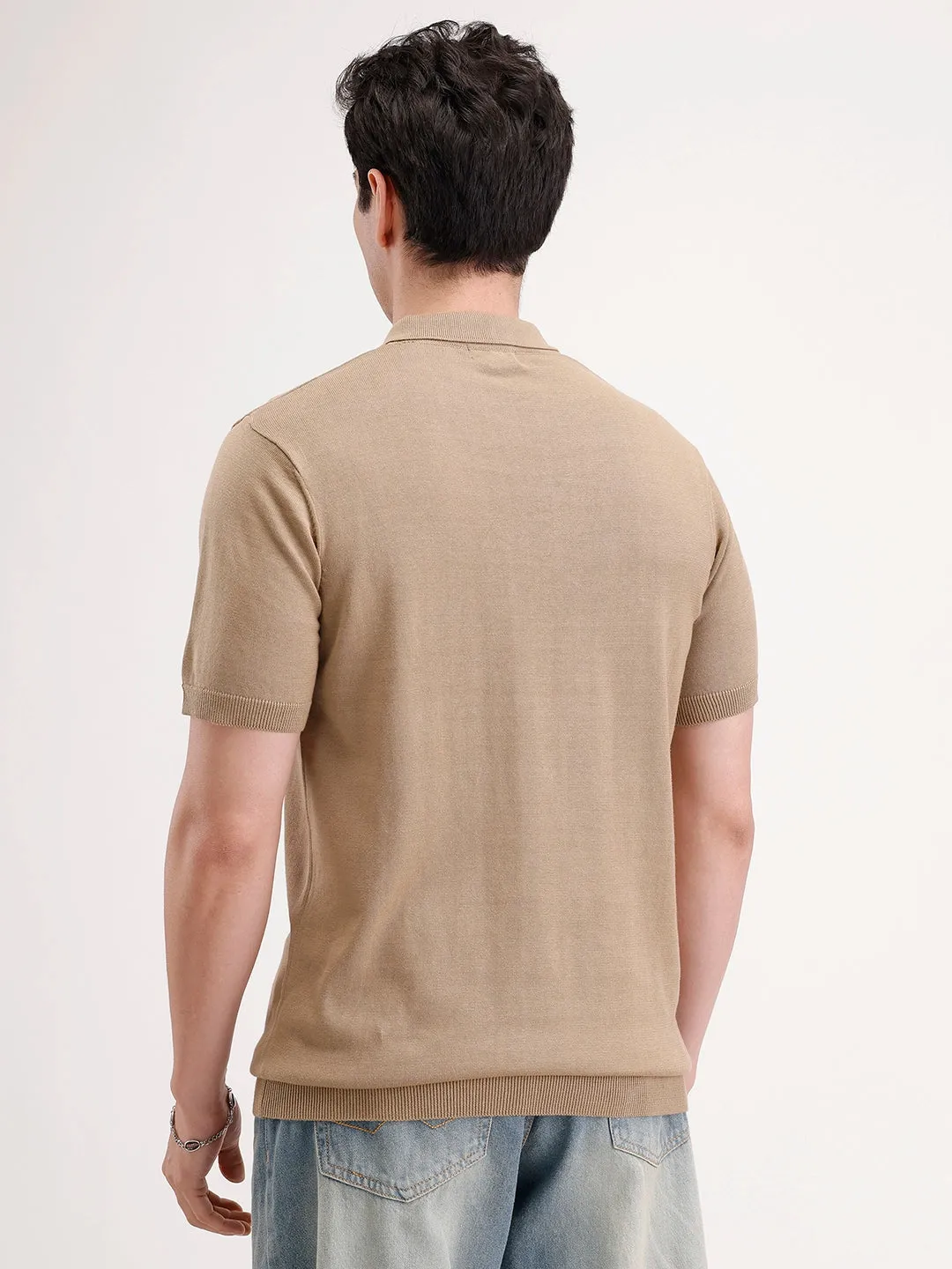 Slim Fit Flat Knit Polo T-Shirt | Khaki sold by Wrogn product image thumbnail 3
