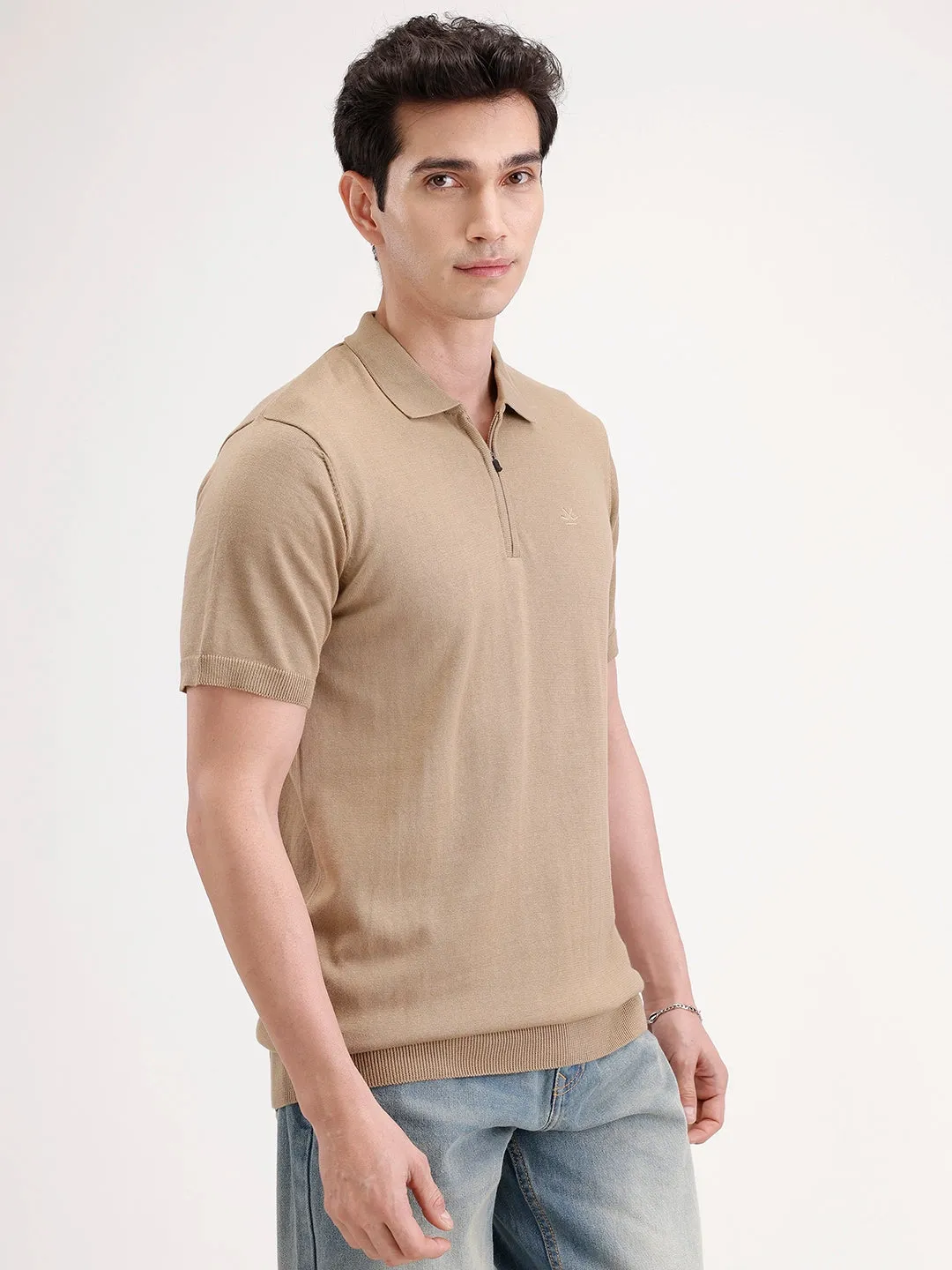 Slim Fit Flat Knit Polo T-Shirt | Khaki sold by Wrogn product image thumbnail 4