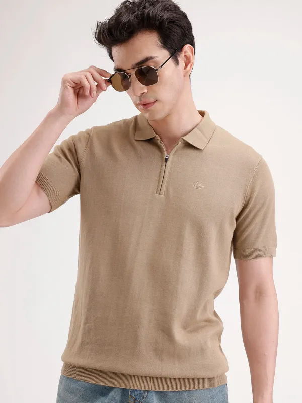 Slim Fit Flat Knit Polo T-Shirt | Khaki made by Wrogn
