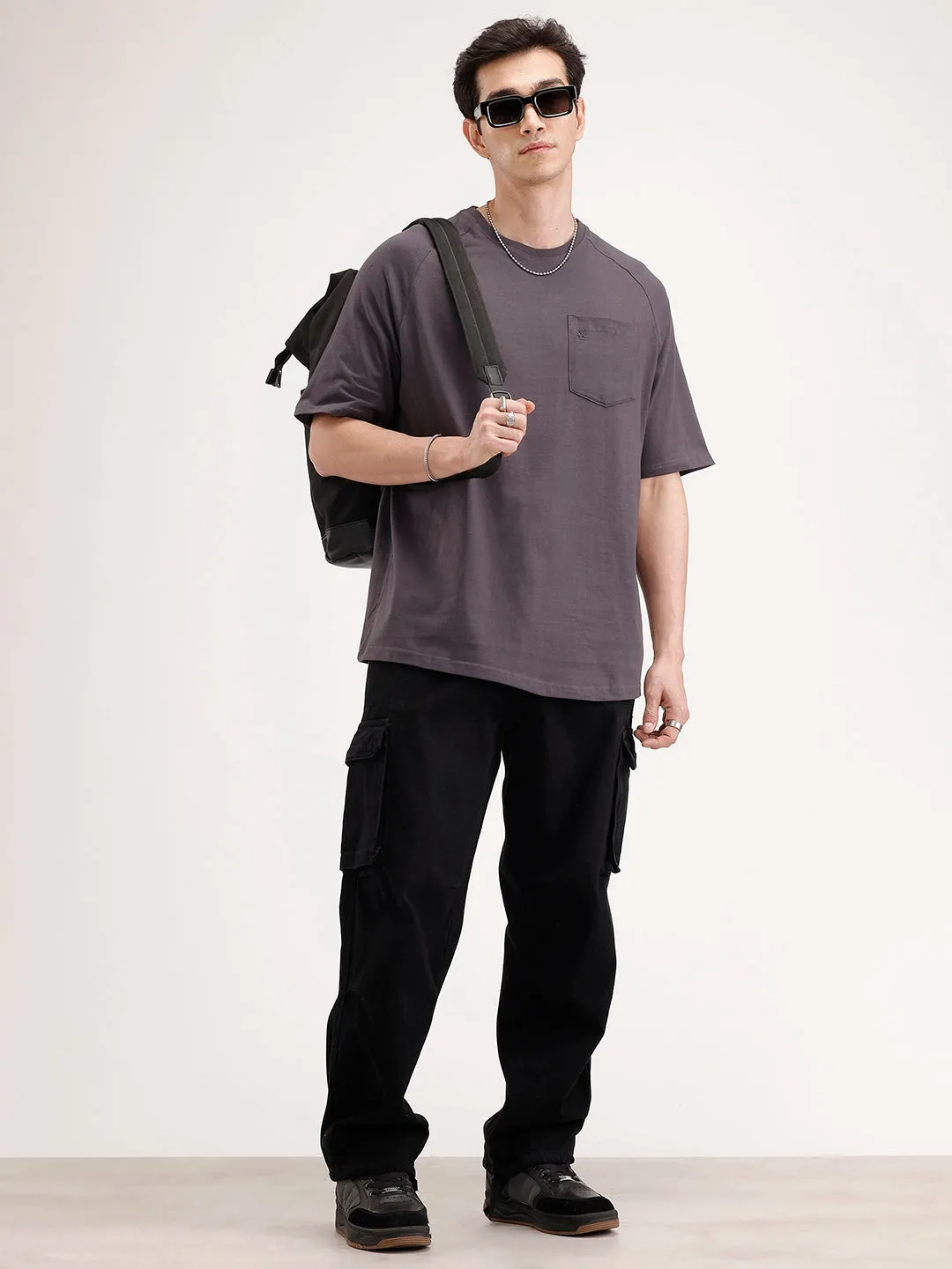 Solid Oversized Patch Pocket T-Shirt | Dark Grey sold by Wrogn product image thumbnail 2