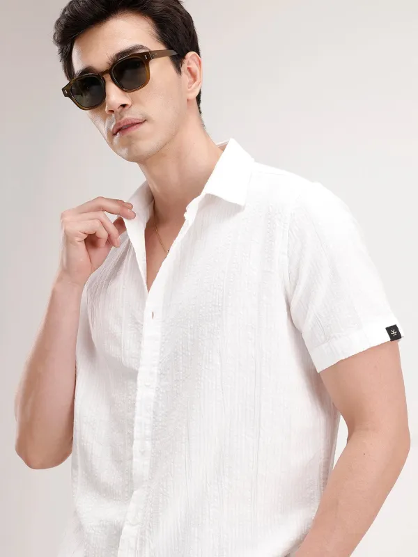 Slim Fit Textured Half Sleeve Shirt | White made by Wrogn
